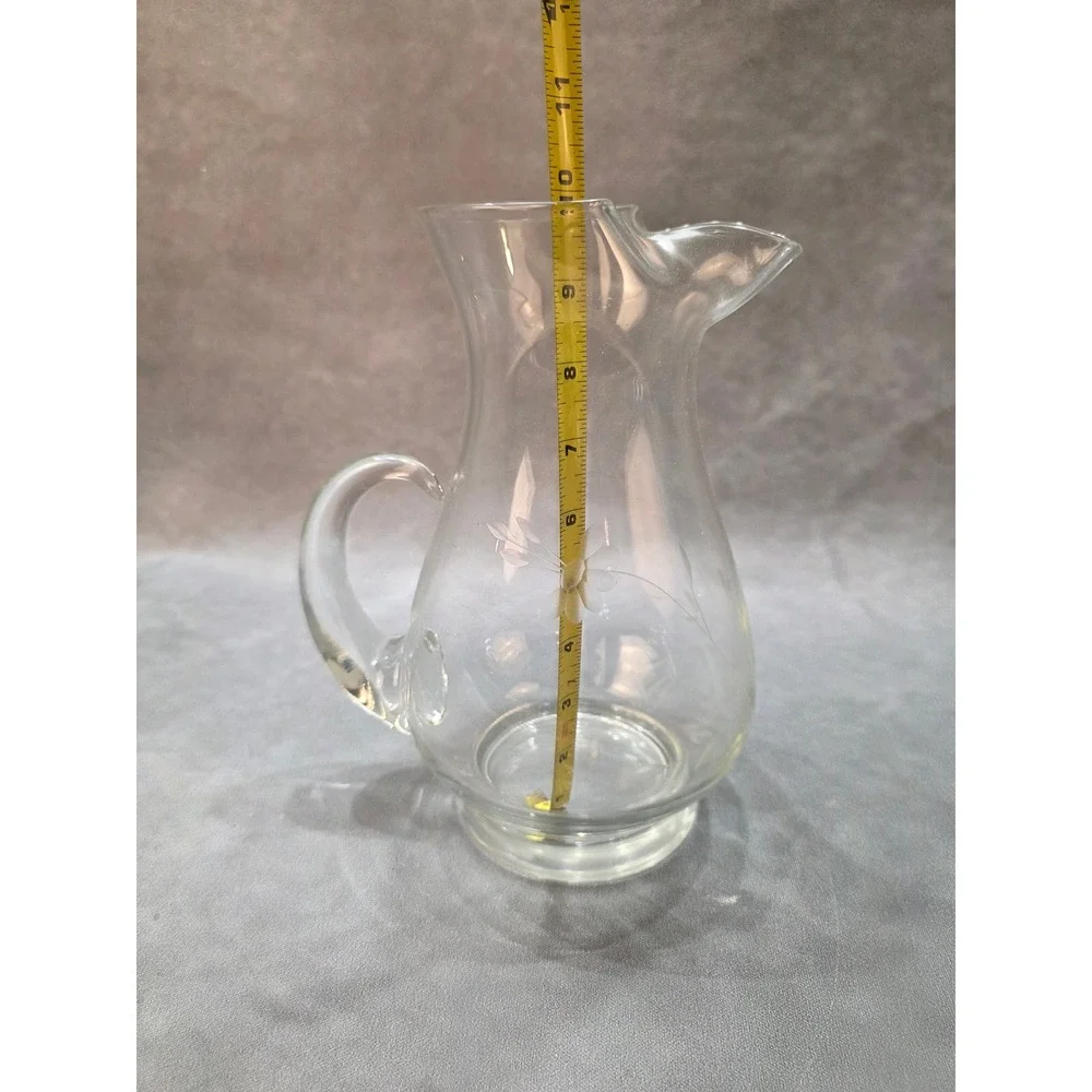 Vintage Etched Floral Clear Glass Pitcher with Ice Lip Spout 9.5 Inch